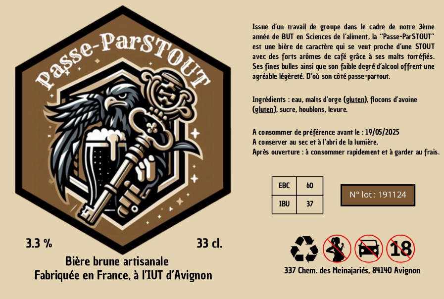 Photo représentant l'écusson de la bière "Passe-ParSTOUT, bière brassée et crée par les étudiants de 3ème année de BUT Génie Biologique.